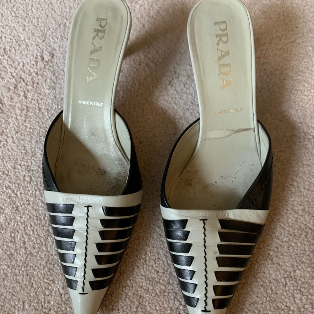 90s 2000s Prada 99 minimalist black and gray leather mules slides size 8